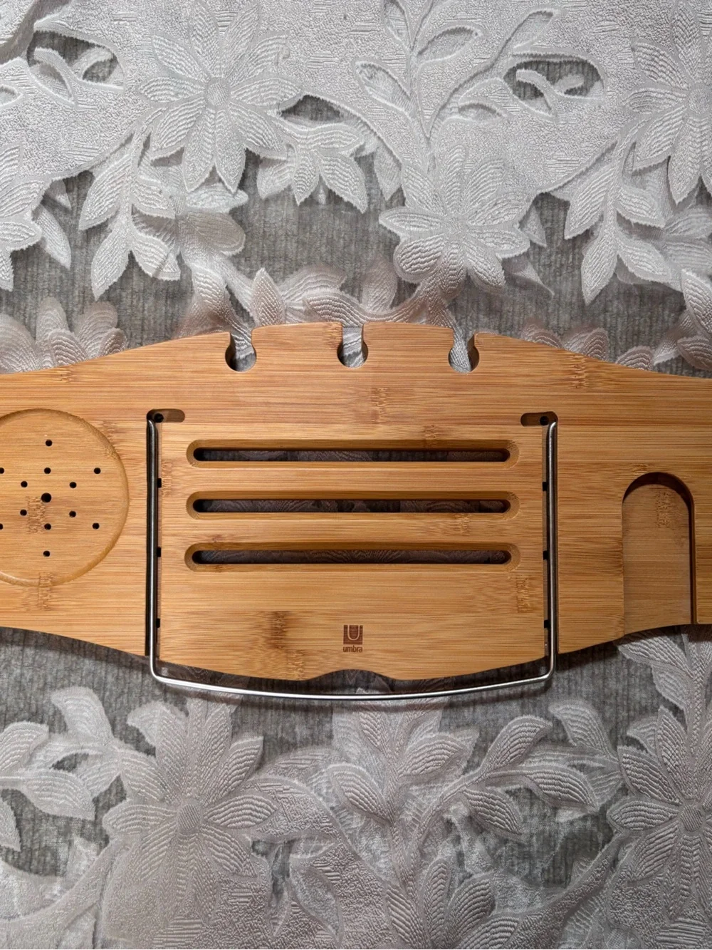 Umbra Bamboo Bathtub Caddy Tray Wine Book Tablet Phone Soap Holder Wire Handles